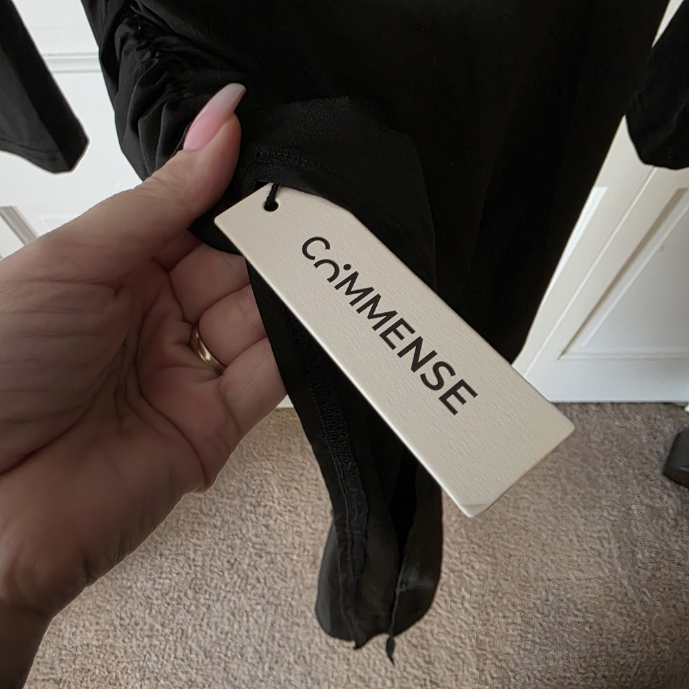 Commense Black Ruched Maxi Dress Mock Neck Long Sleeve Slit NWT Size L - Picture 3 of 4